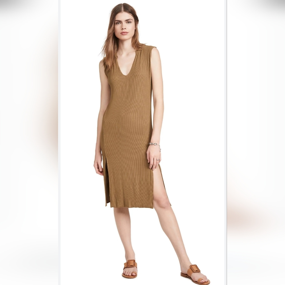 LNA Easy Rib Tank Dress Midi Olive Khaki V Neck Sleeveless Slits Casual
